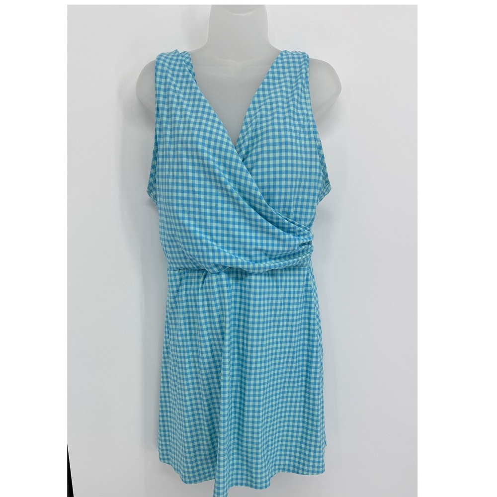 Lands End Swim Wrap Dress Women 16 Blue Gingham Plaid‎ Coastal Vacation Pool
